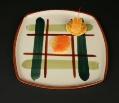 Blair Ceramics, Gay Plaid square dinner plate 1946-57 with appetizers