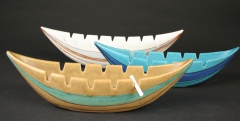 Glidden Pottery Artware designed by Fong Chow and in partnership with Glidden Parker, Sandstone, Gulfstream Blue, and Green Mesa, introduced in 1956, large ashtrays with candy cigarette