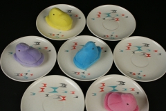 2020.84 Branchell Melmac Flyte saucers designed by Kaye LaMoyne with plush peeps