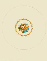 2021.142 Viktor Schreckengost original plate design with gold yellow and turquoise rose motif