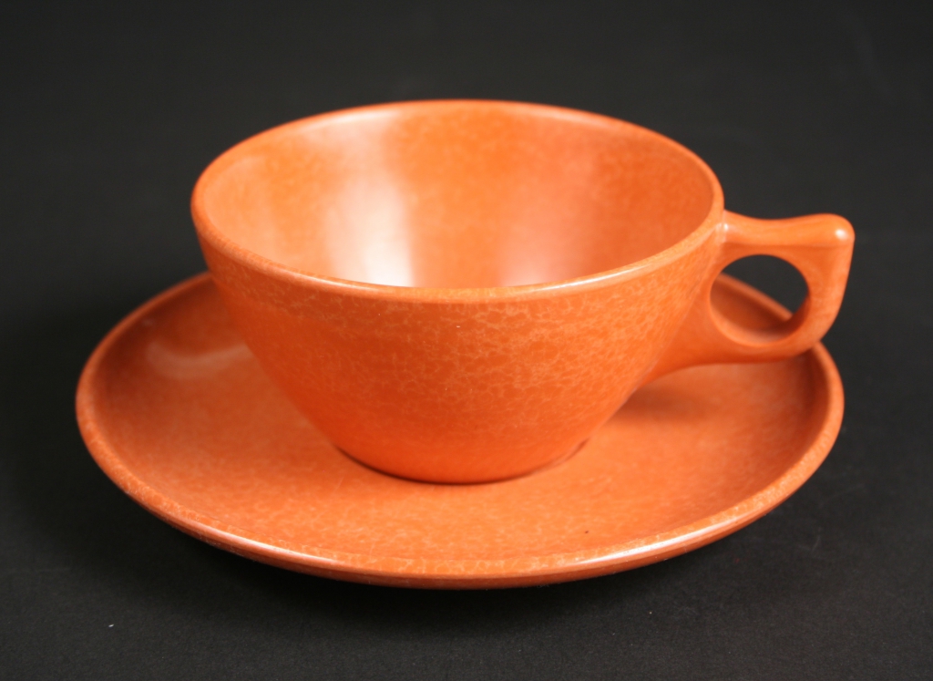 Kaye LaMoyne, designer (American, 1918-1992), The Branchell Company, St. Louis, Missouri (est. 1952), Color-Flyte Melmac Designers Dinnerware cup and saucer in glow copper (coral), 1952-1958, melmac/plastic, Museum Purchase, 2018.76