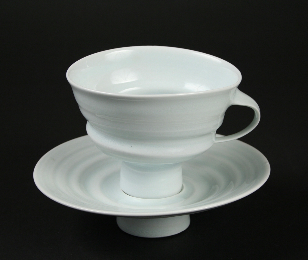 Jim Makins, (American, b. 1946), footed cup and saucer, 1990s, porcelain, celadon glaze, Museum Purchase, 2017.221