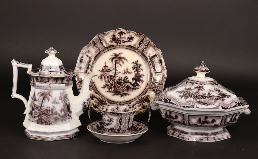 John Meir and Son, Greengates Pottery, Tunstall, Staffordshire, England (1837–1897). Ironstone dinnerware, Kyber pattern, circa 1838. Ironstone china, glazed, with decals. IMoDD 2017.82. Gift of Russell and Sheila Stevens.