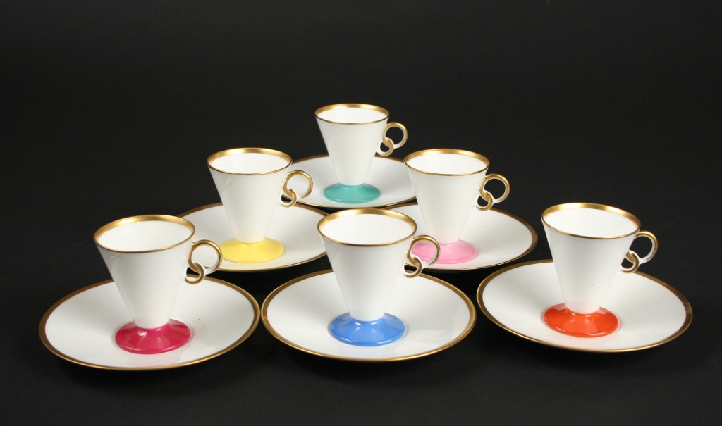 Japanese, set of 6 Okura Art China Art Deco demitasse cups and saucers, 1940s, ceramic, glazed, Gift of Kristen Ohberg, 2013.158.