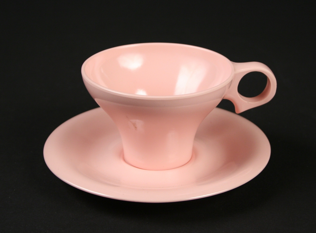 The Northern Industrial Chemical Company, Boston, MA (manufacturer), Russel Wright, designer (American, 1904-1976), Northern Flair pink cup and saucer, 1959-1962, plastic, Gift of Margaret Carney and Bill Walker, 2016.121