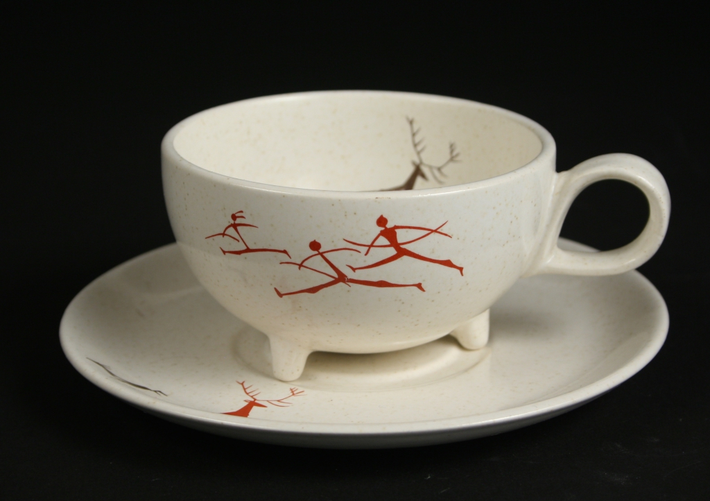 Salem China Co., Salem, Ohio, manufacturer, 1898-1967, Viktor Schreckengost, designer (American, 1906-2008), Free Form shape, Primitive pattern, cup and saucer, 1955, china, semi-vitreous, Gift of Virgene G. Schreckengost, 2013.44, 2013.45