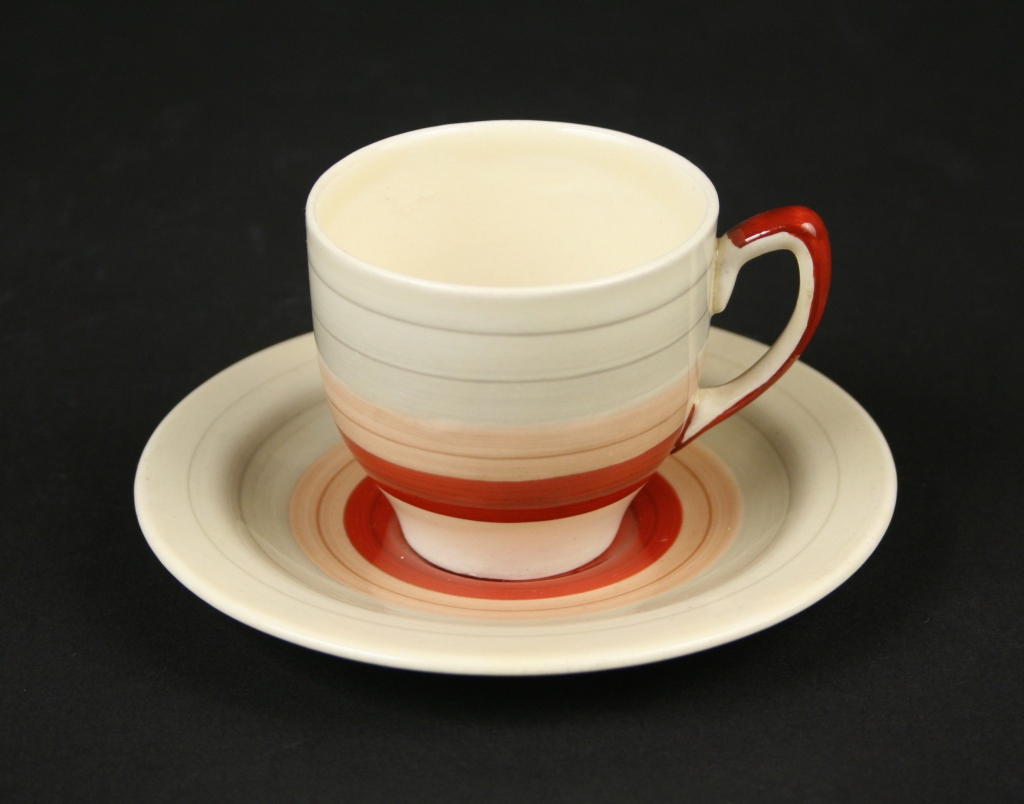 Crown Works, Burslem, England, Susie Cooper (English 1902 - 1995), Susie Cooper designed Kestral Shape, Wedding Band pattern, cup and saucer, circa 1932, semi-vitreous china, glazed and decorated, Museum Purchase, 2017-195