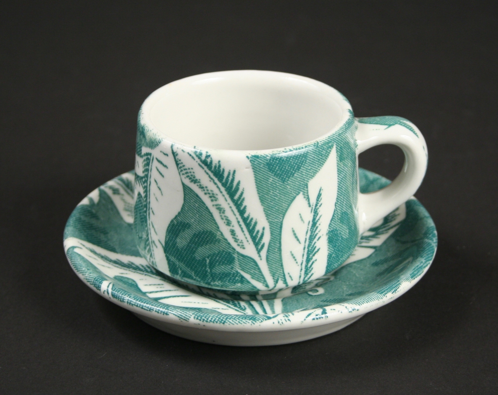 TEPCO (Technical Porcelain and China Ware Company, El Cerrito, California, ca. 1930-1968), TEPCO cup and saucer in Banana Leaf pattern, restaurant china, decorated with decals and glazed, Gift of Nancy and Steve Selvin, 2016.227