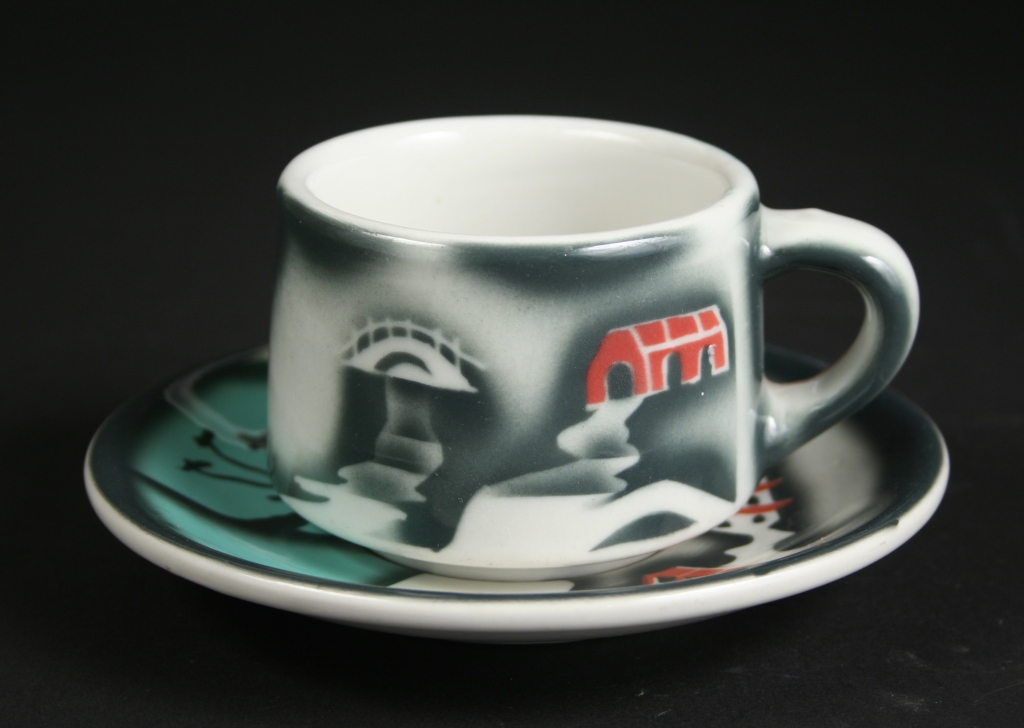 TEPCO China (Technical Porcelain and China Ware Company), El Cerrito, California (1930-1968), TEPCO restaurant ware coffee cup and saucer in the Confucius pattern, restaurant china, glazed with decoration, Museum Purchase, 2018.1 and Gift of Nancy and Steve Selvin, 2015.145