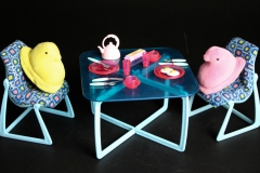 Barbie dining with plush Peep friends
